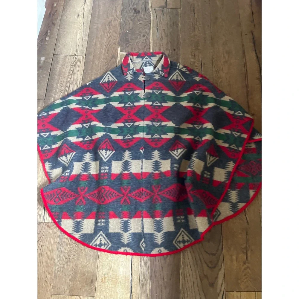 PL Greene American Made Southwestern Wool Blend Poncho Cape Red Green Tribal OS